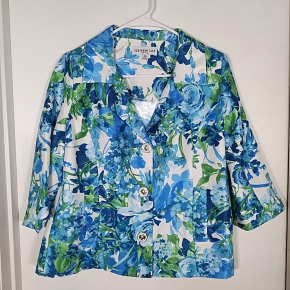 Southern Lady Women's Petite S Green Blue Floral 3/4 Sleeve Button Blazer Jacket - Picture 1 of 9